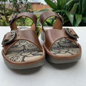 FLY London Etan Leather Slide Sandals with Buckle EU37/6-6.5US in Camel